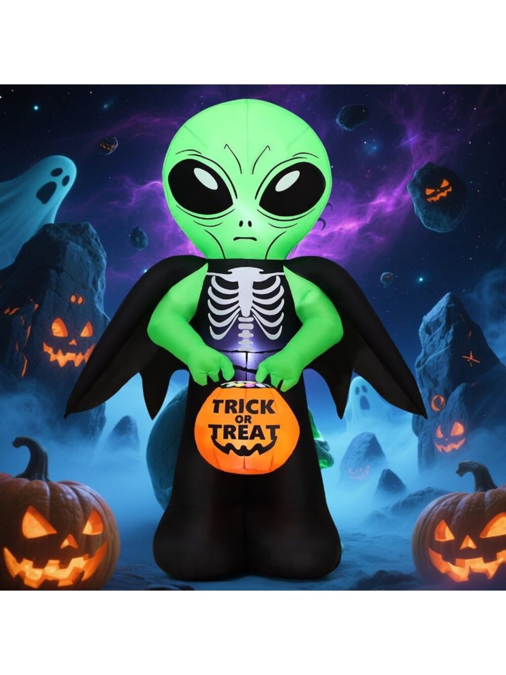 6 FT Halloween Alien Inflatable with Candy Basket - LED Outdoor Yard Decor